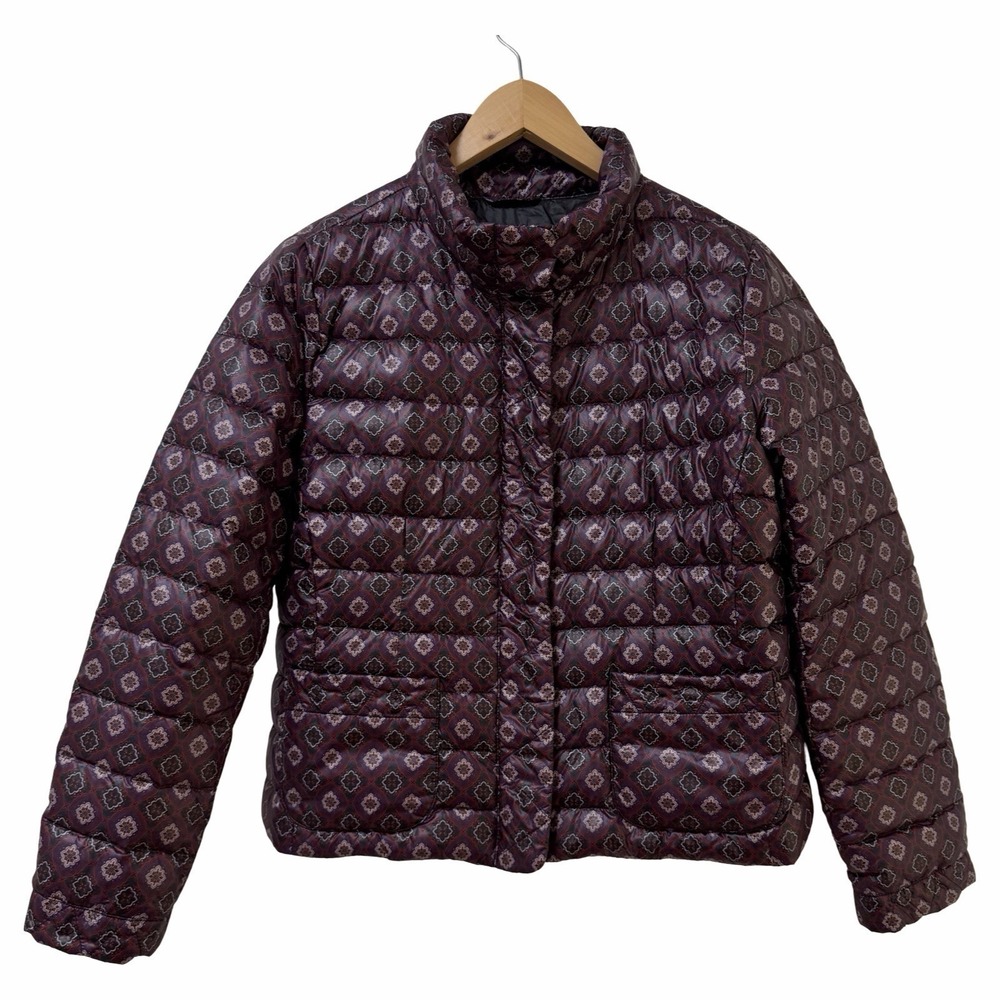 Lands End Womens Medallion Print Down Fill Jacket Size MP Berry Packable Outdoor